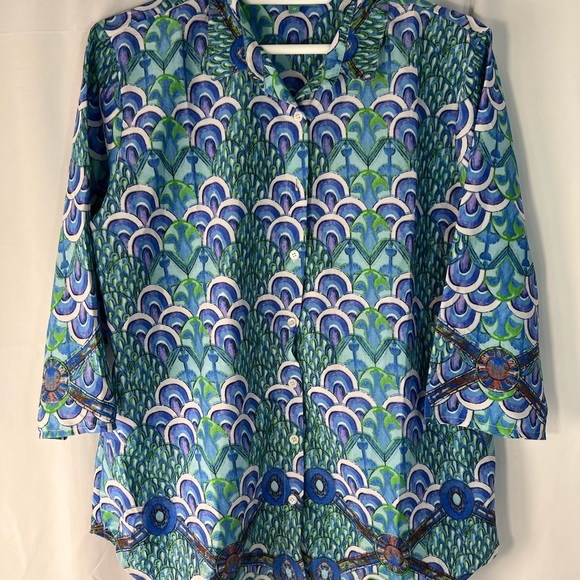 Antics Sartorial by Giacomo Cinque Italian Blouse - Blue Green Art Deco Print -M - Picture 1 of 11